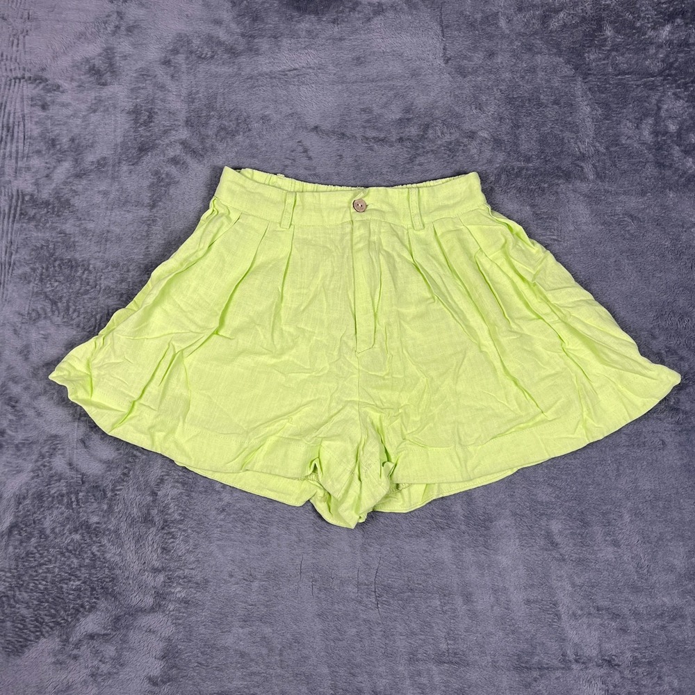 Chicways Shorts Womens Small Lime Green Pleated Relaxed Fit High Waisted Beach